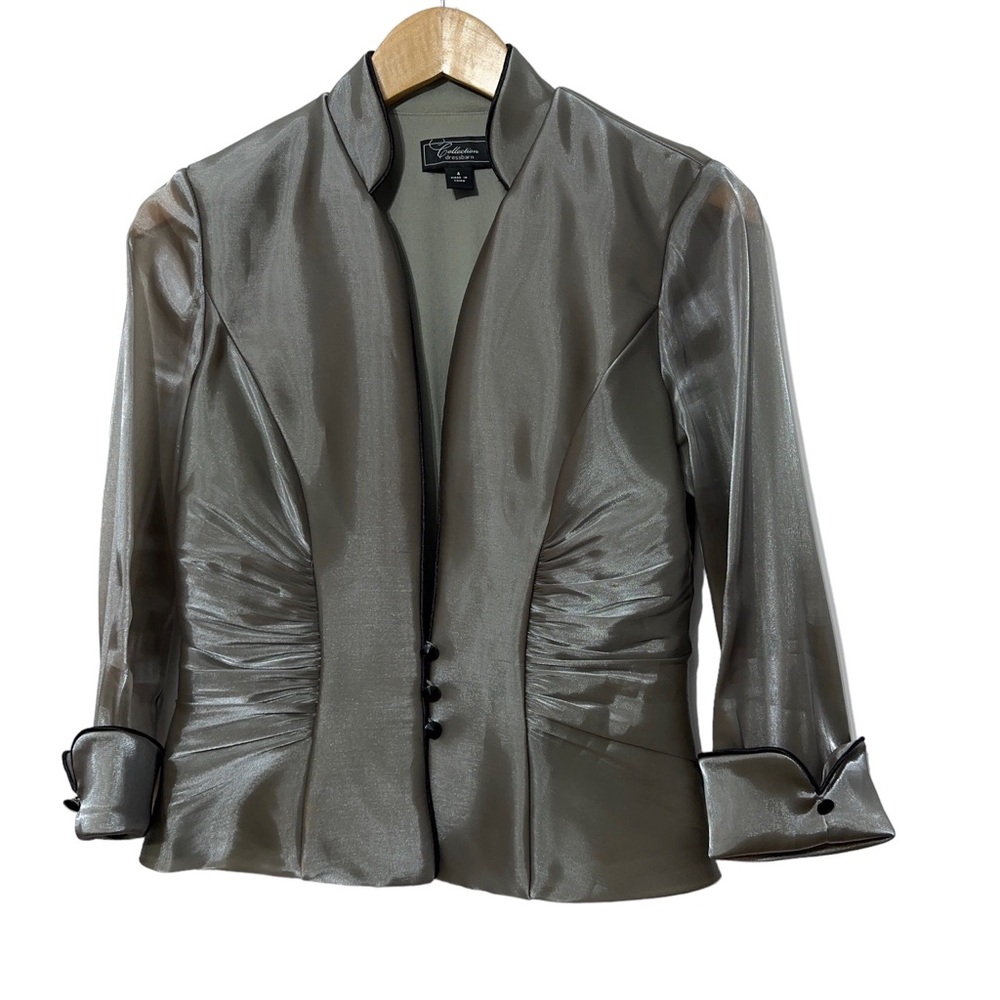 Dressbarn Metallic Jacket with Sheer Sleeves Gathered Front Size 4